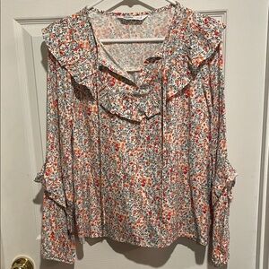 Floral Ruffle Neck Blouse - Red and Blue